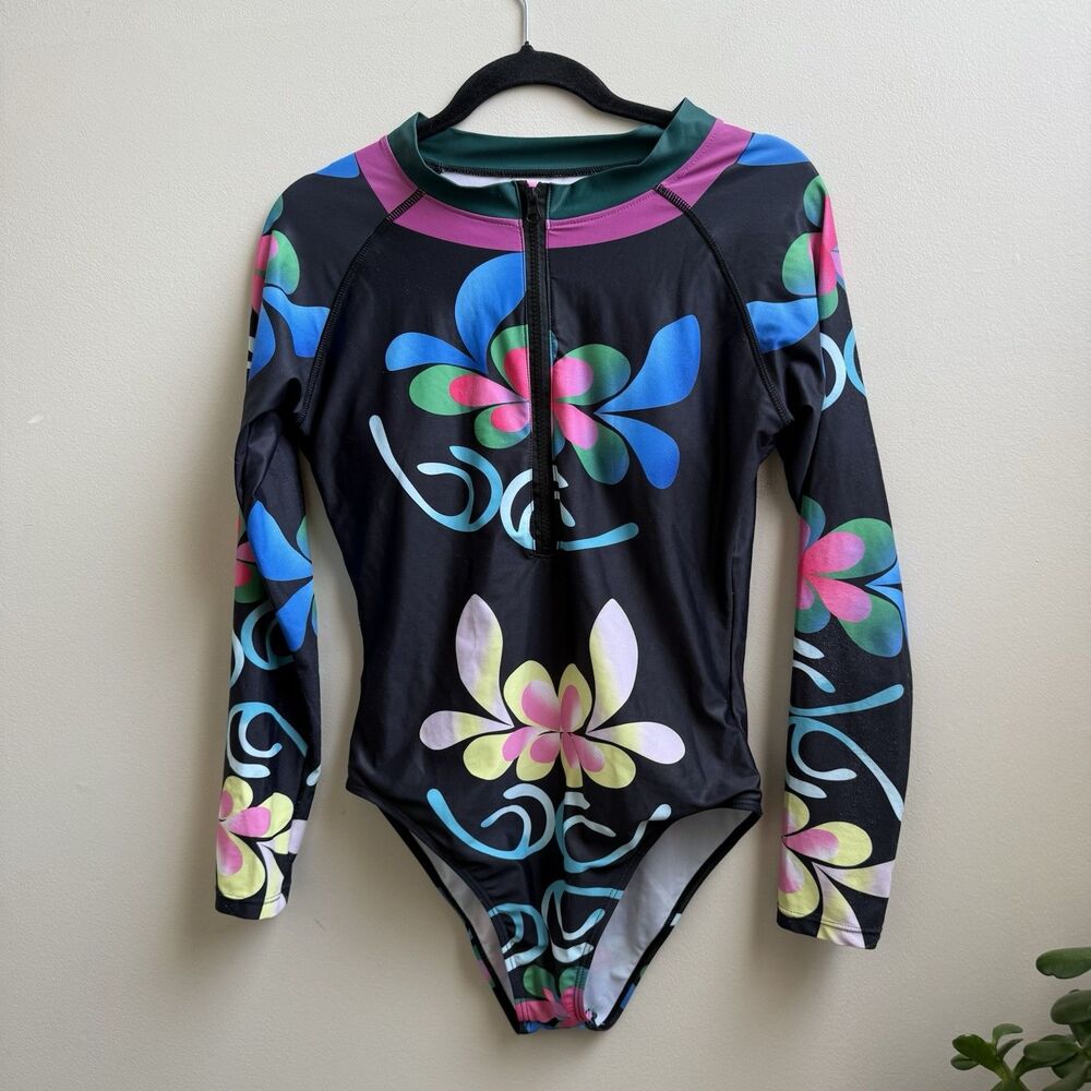 Long Sleeve Black Multicolor 1 Piece Swimsuit Zip Rash Guard Built In Bra Sz XL